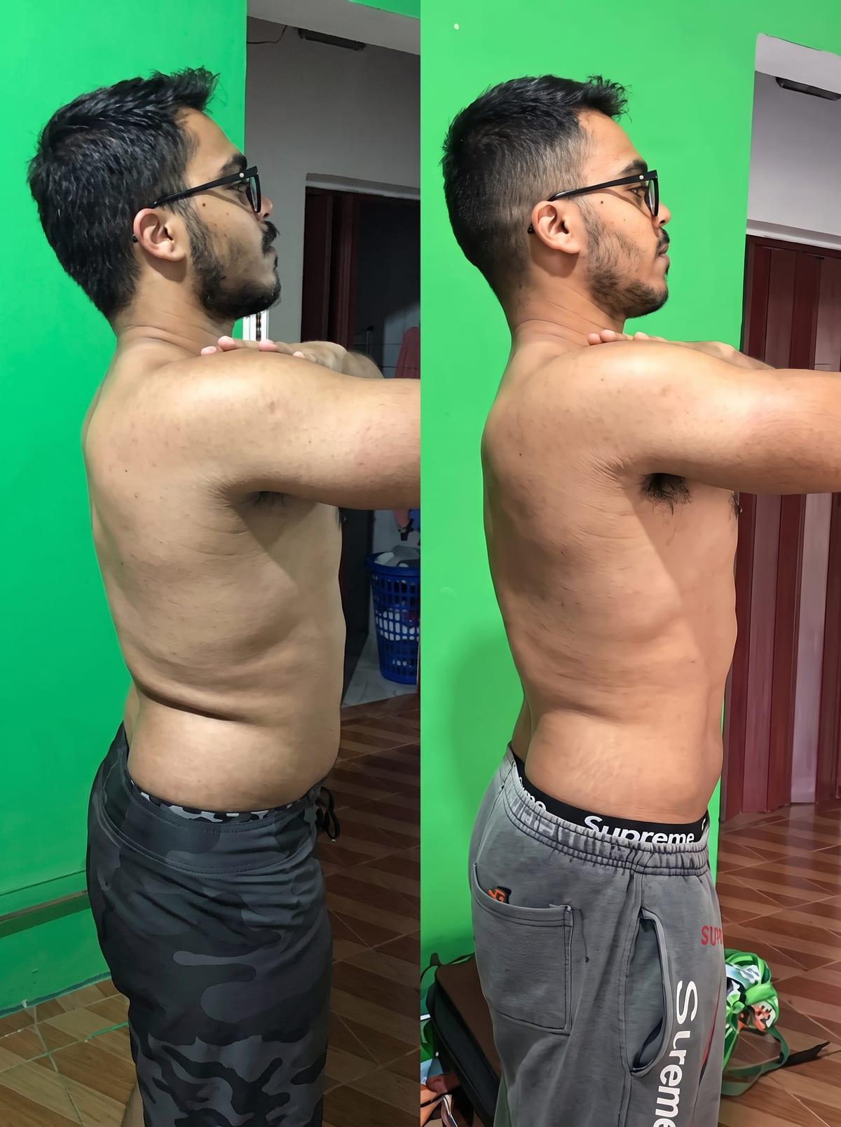 Dino de perfil, antes e depois do acompanhamento com o Marcelo
