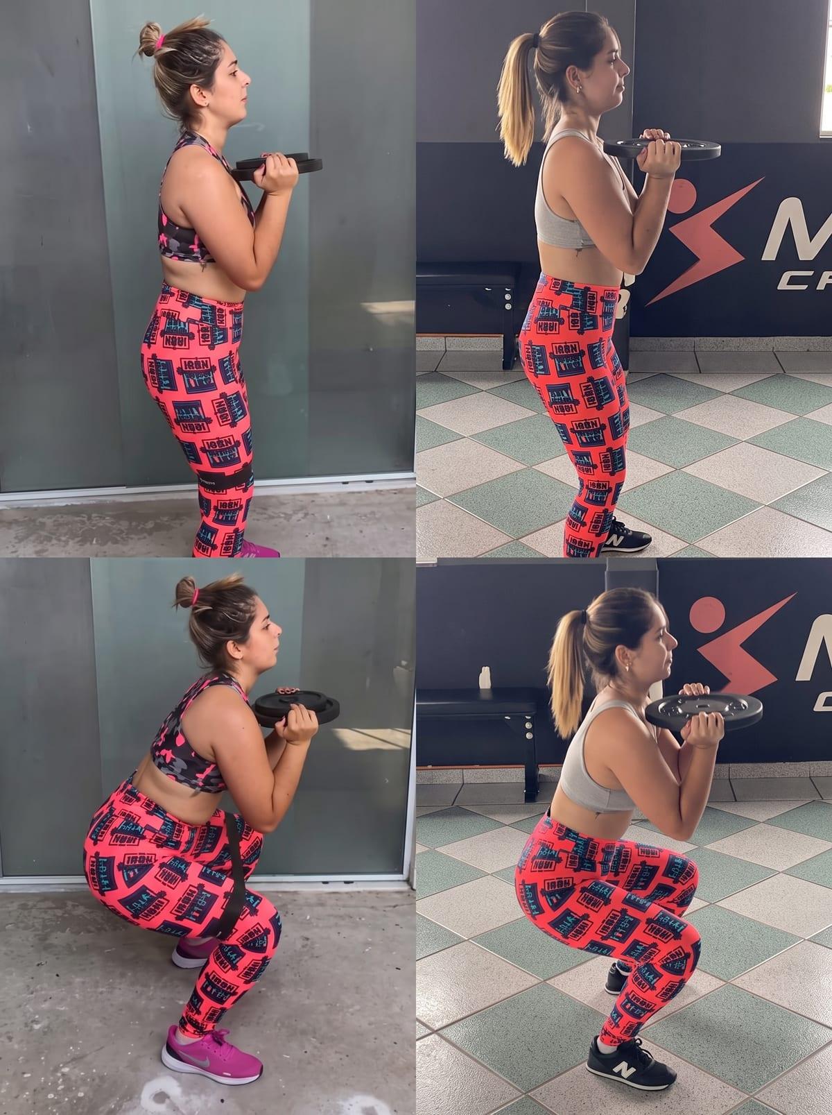 Giovana agachando com anilha, antes e depois do acompanhamento com o Marcelo